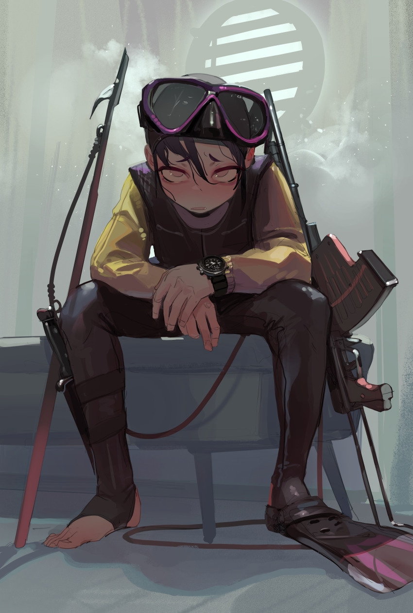 1girl, absurdres, aps_rifle, asymmetrical_footwear, black_hair, bodysuit, diving_hood, diving_mask, diving_mask_on_head, diving_suit, exhausted, flippers, frogman, full_body, goggles, goggles_on_head, gun, hand_on_own_arm, handgun, harpoon, highres, knife, knife_sheath, looking_at_viewer, machine_pistol, military, mismatched_footwear, open_mouth, original, parted_lips, pink_eyes, polilla, rope, sheath, short_hair, sitting, solo, stechkin_aps, stirrup_legwear, submachine_gun, toeless_legwear, vest, watch, weapon, wet, wetsuit, wristwatch