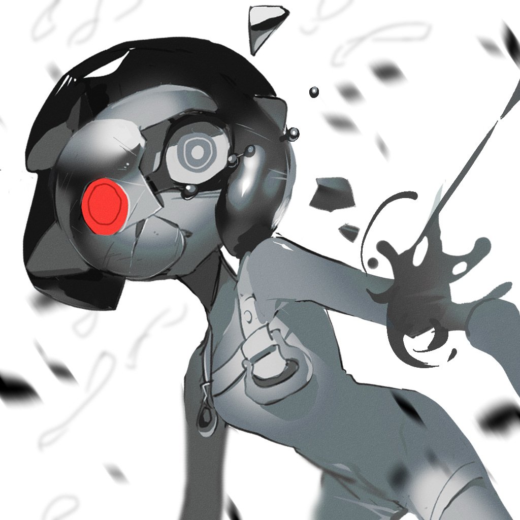 1girl, bare_shoulders, black_hair, bodysuit, bright_pupils, colored_skin, crack, cracked_mask, film_grain, frown, grey_eyes, grey_skin, inkling, jelleton, maolu19, mask, nintendo, parallel_canon_(splatoon), pointy_ears, short_hair, simple_background, solo, splatoon_(series), splatoon_3, splatoon_3:_side_order, tears, tentacle_hair, white_background, white_bodysuit, white_pupils
