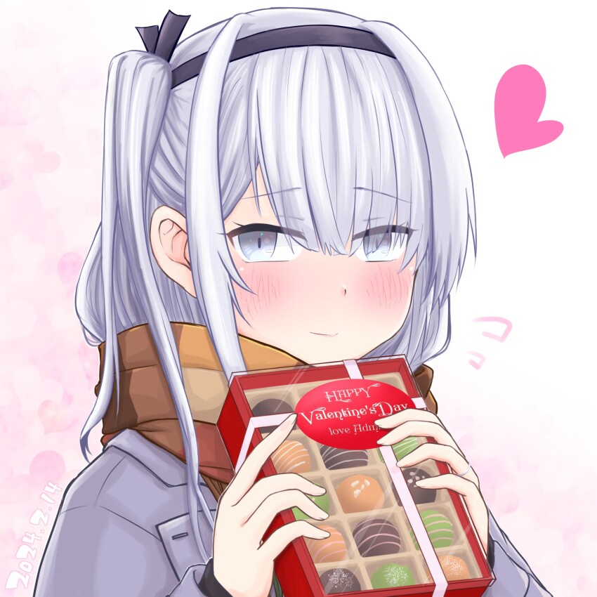 1girl, alternate_costume, black_hairband, blush, box, box_of_chocolates, brown_scarf, coat