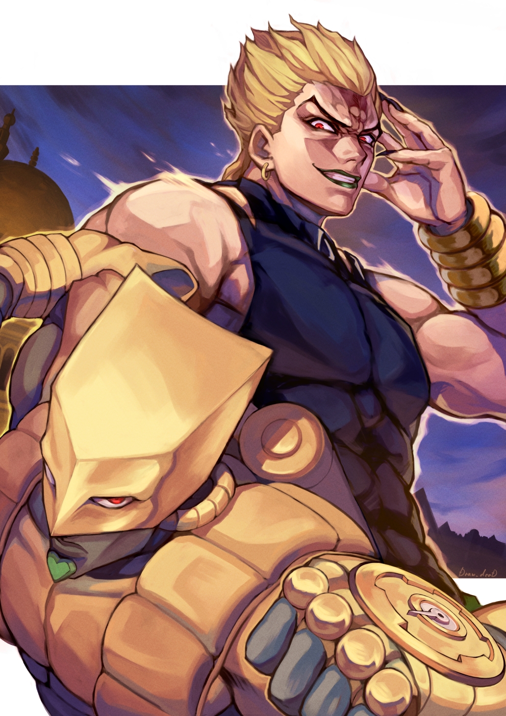 1boy, artist_name, black_nails, black_shirt, blonde_hair, bracer, clenched_hand, closed_mouth, dio_brando, earrings, evil_grin, evil_smile, fingernails, green_lips, grin, hand_up, highres, jewelry, jojo_no_kimyou_na_bouken, lipstick, long_fingernails, looking_at_viewer, makeup, male_focus, muscular, muscular_male, red_eyes, sharp_fingernails, shikabane_(draw_tadao14), shirt, short_hair, sleeveless, sleeveless_shirt, smile, spiked_hair, stand_(jojo), stardust_crusaders, the_world_(stand), upper_body, v-shaped_eyebrows