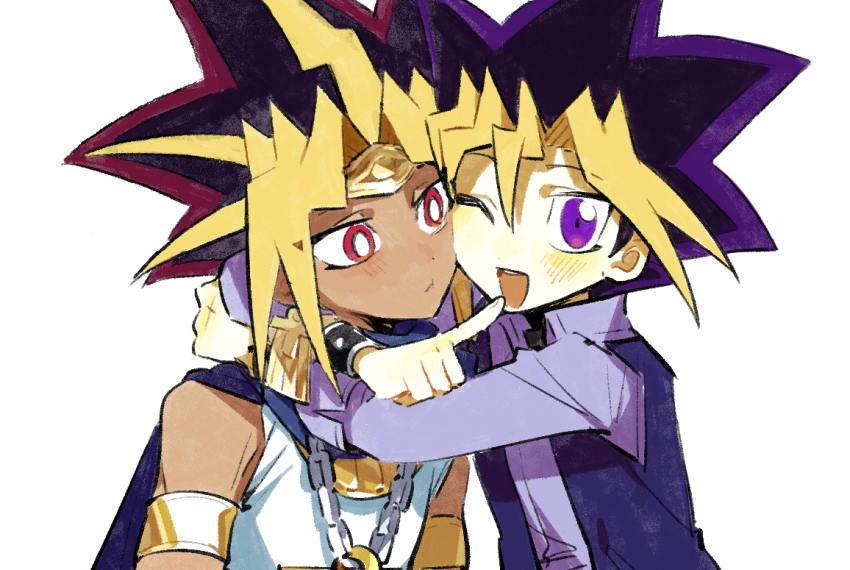2boys, affectionate, ancient_egyptian_clothes, armlet, arms_around_neck, atem, black_hair, blonde_hair, blush, cape, circlet, dark-skinned_male, dark_skin, earrings, gold_armlet, gold_circlet, golden_armlet, hair_between_eyes, happy, jewelry, kailanzi, looking_at_another, looking_at_viewer, male_focus, millennium_puzzle, multicolored_hair, multiple_boys, muto_yugi, one_eye_closed, open_mouth, pointing, purple_cape, purple_eyes, purple_hair, red_eyes, red_hair, short_hair, spiked_hair, tan, upper_body, white_background, yu-gi-oh!, yu-gi-oh!_duel_monsters