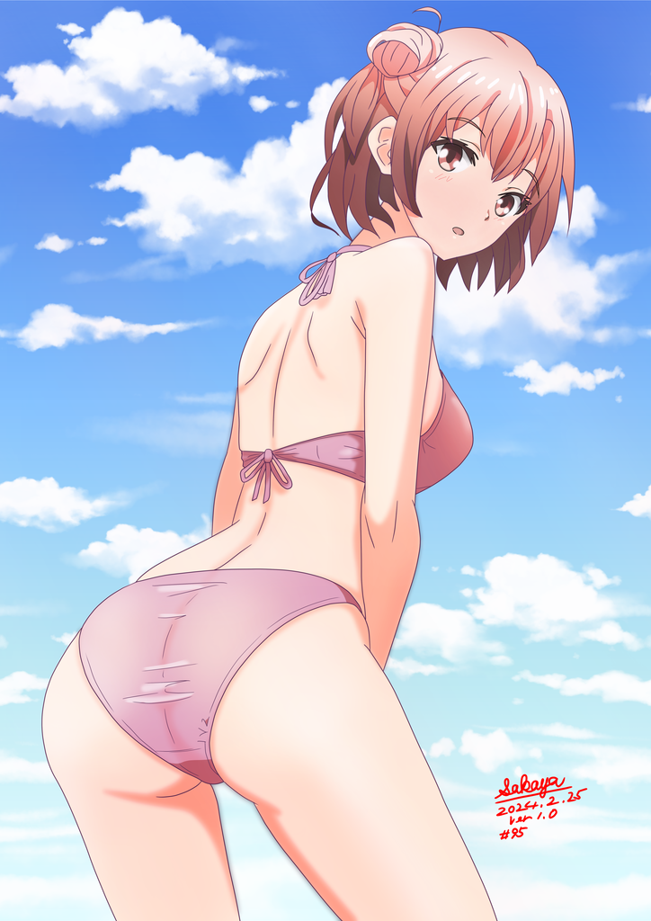 1girl, ass, bikini, blue_sky, breasts, cloud, dated, from_behind