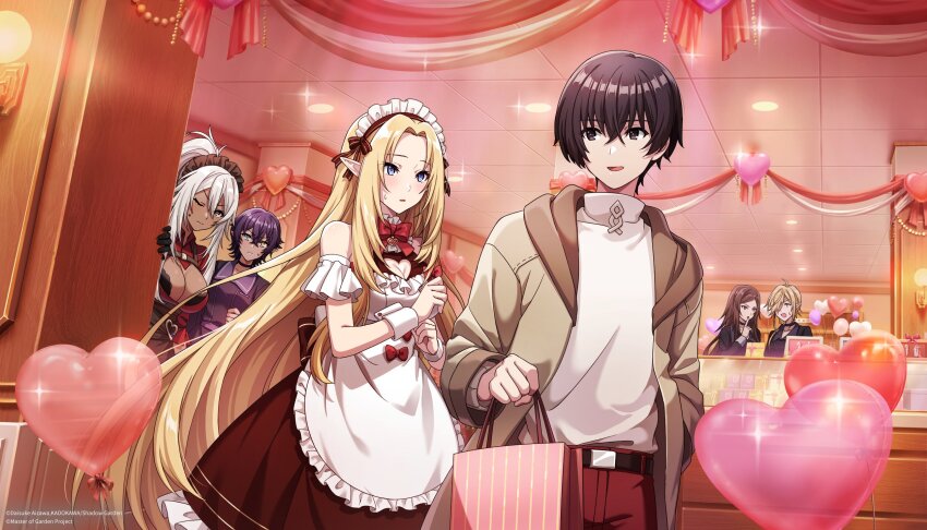 1boy, 5girls, alpha_(kagejitsu), blonde_hair, blue_eyes, breasts, chi_(kagejitsu), cid_kagenou, cleavage, elf, game_cg, highres, kage_no_jitsuryokusha_ni_naritakute!, kage_no_jitsuryokusha_ni_naritakute!_master_of_garden, lambda_(kagejitsu), large_breasts, long_hair, maid, multiple_girls, nu_(kagejitsu), official_alternate_costume, official_art, omega_(kagejitsu), pointy_ears, valentine