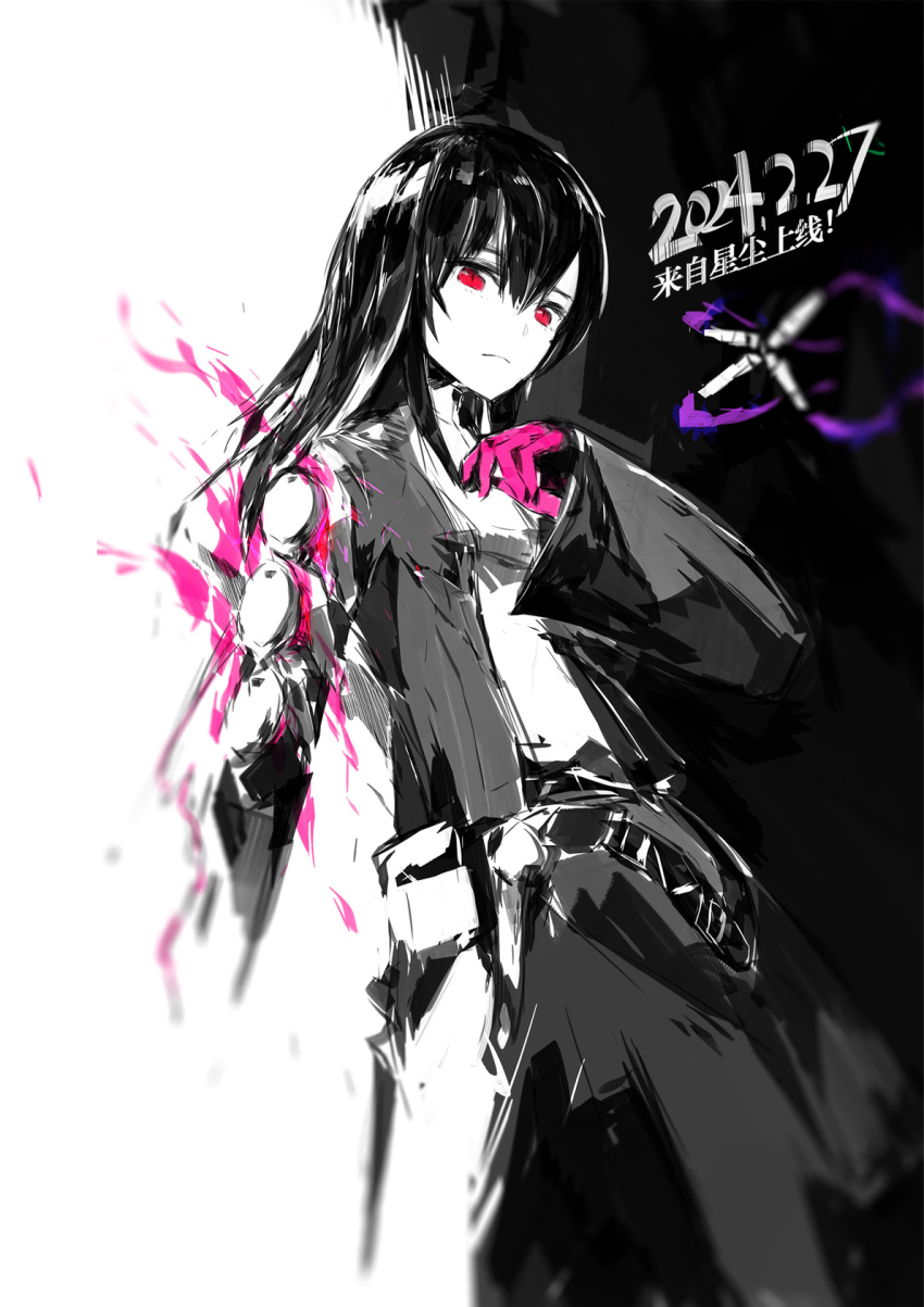 1girl, black_hair, black_jacket, ex_astris, gloves, hand_up, highres, jacket