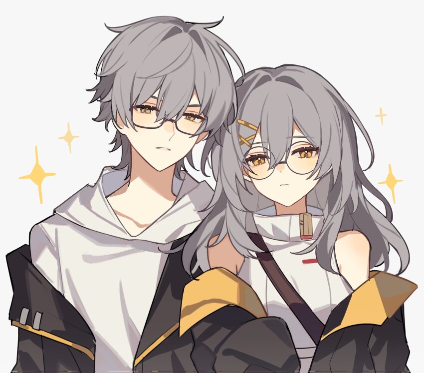 1boy, 1girl, bare_shoulders, black_jacket, caelus_(honkai:_star_rail), glasses, grey_hair, hair_intakes