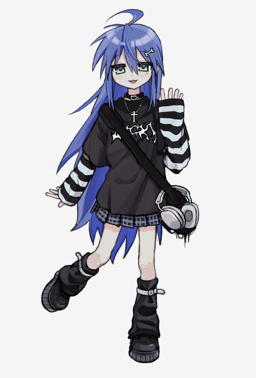 1girl, black_boots, blush, boots, choker, cross, hair_between_eyes, headphones, highres, hisato_00, izumi_konata, long_hair, lucky_star, mole, mole_under_eye, simple_background, skirt, solo, white_background