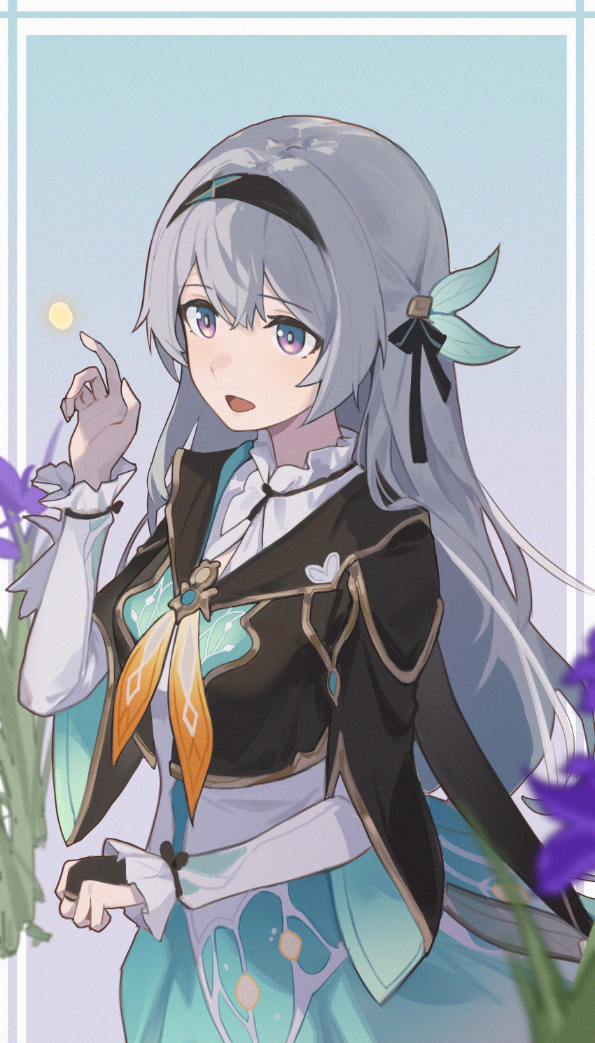 1girl, :d, absurdres, aqua_skirt, black_hairband, black_jacket, black_ribbon, commentary_request