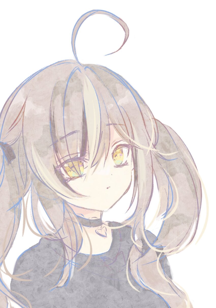 1girl, ahoge, asashi_kaede, black_choker, black_ribbon, black_shirt, brown_hair, choker