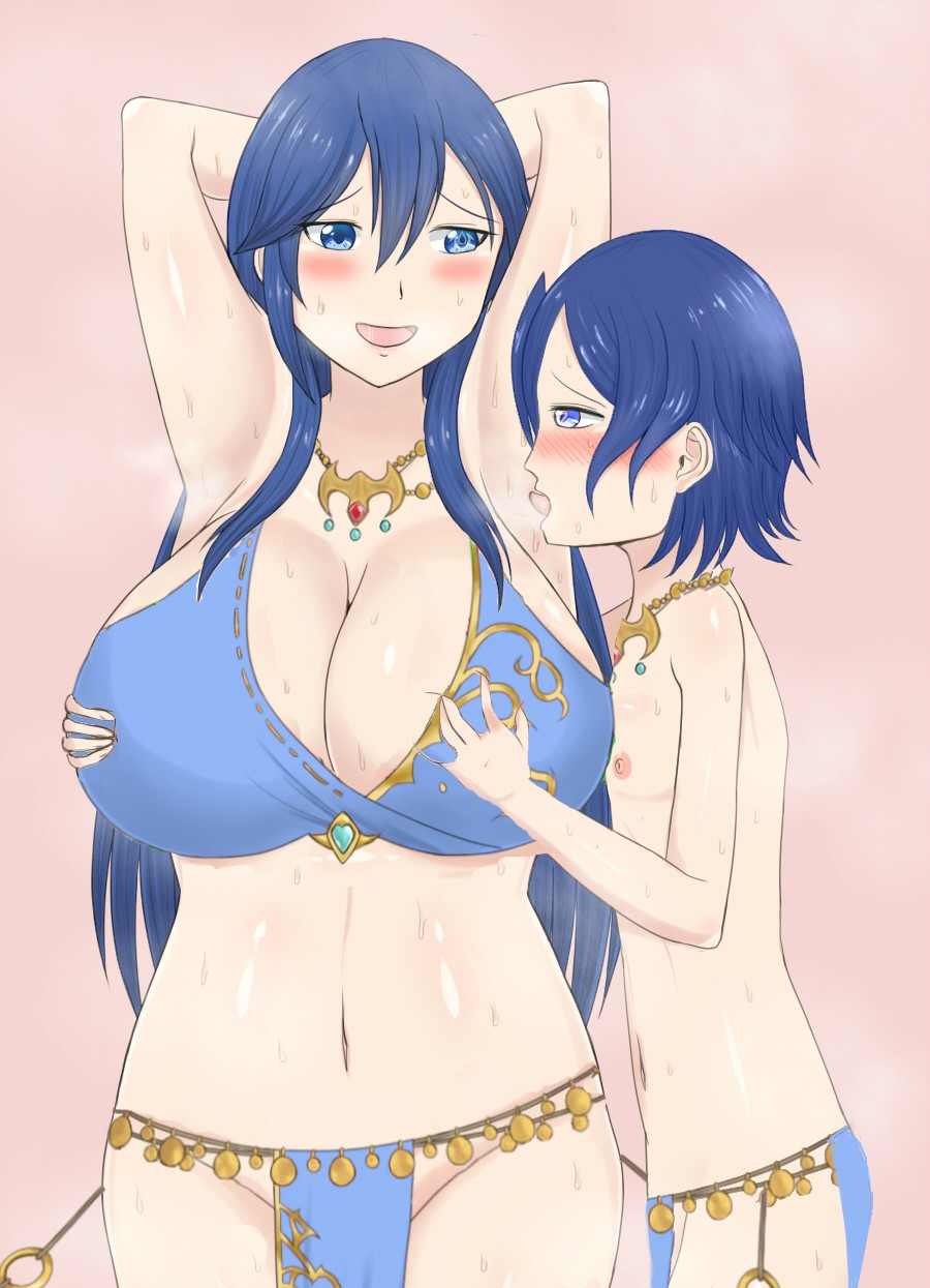 1boy, 1girl, age_difference, armpits, blue_eyes, blue_hair, breasts, breasts_squeezed_together