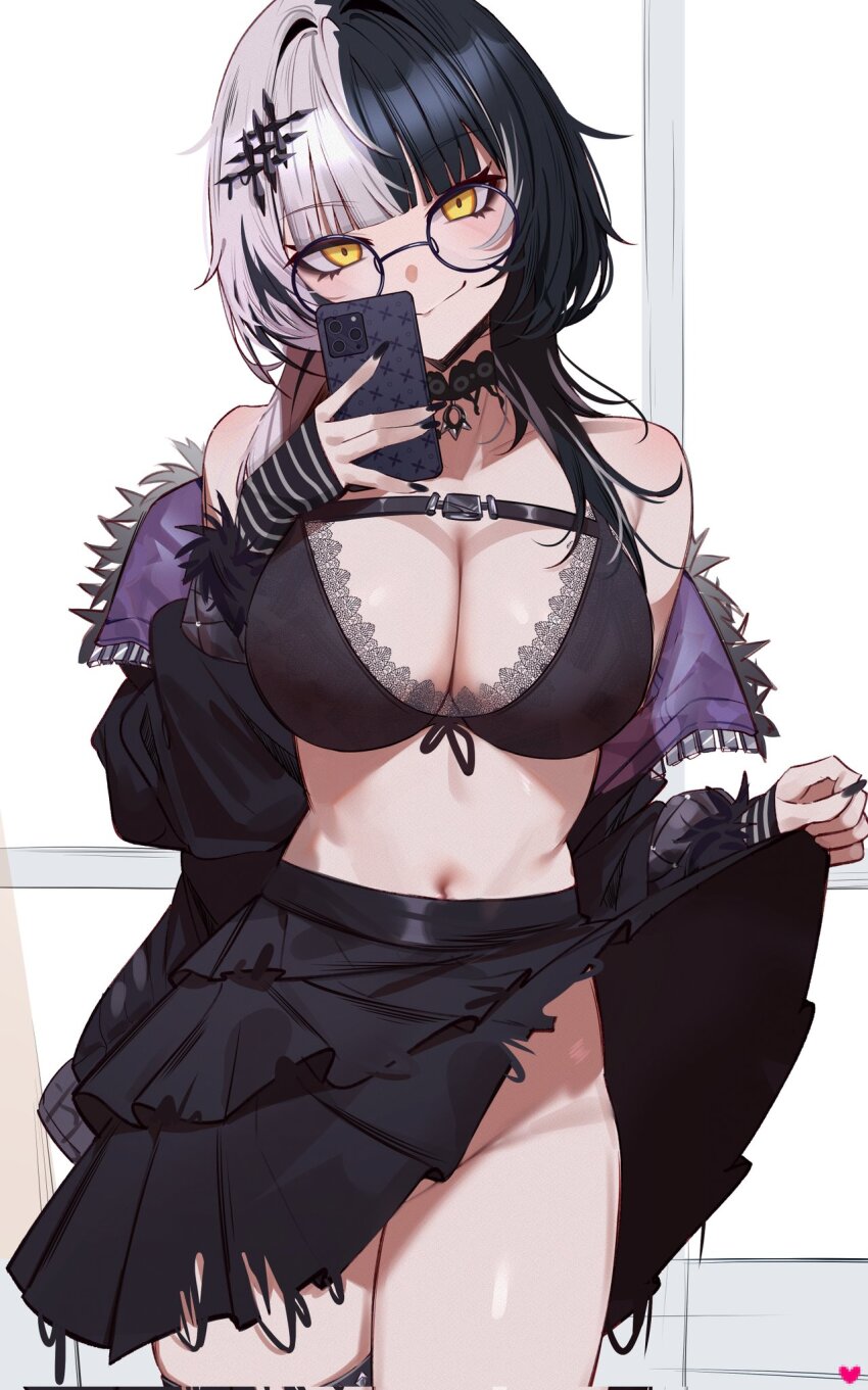 1girl, adapted_costume, bare_shoulders, black_bra, black_choker, black_gloves, black_hair, black_nails, black_skirt, bra, breasts, cellphone, chest_belt, choker, cleavage, clothes_lift, commentary, doujenrad, emoji, english_commentary, english_text, fur_trim, glasses, gloves, grey_hair, hair_ornament, highres, holding, holding_phone, hololive, hololive_english, lace, lace-trimmed_bra, lace_trim, large_breasts, lifting_own_clothes, looking_at_viewer, multicolored_hair, navel, no_panties, phone, pleated_skirt, removing_jacket, selfie, shiori_novella, shiori_novella_(1st_costume), skirt, skirt_lift, smartphone, smile, solo, split-color_hair, striped_clothes, striped_gloves, super_chat, two-tone_hair, underwear, virtual_youtuber, white_background, yellow_eyes