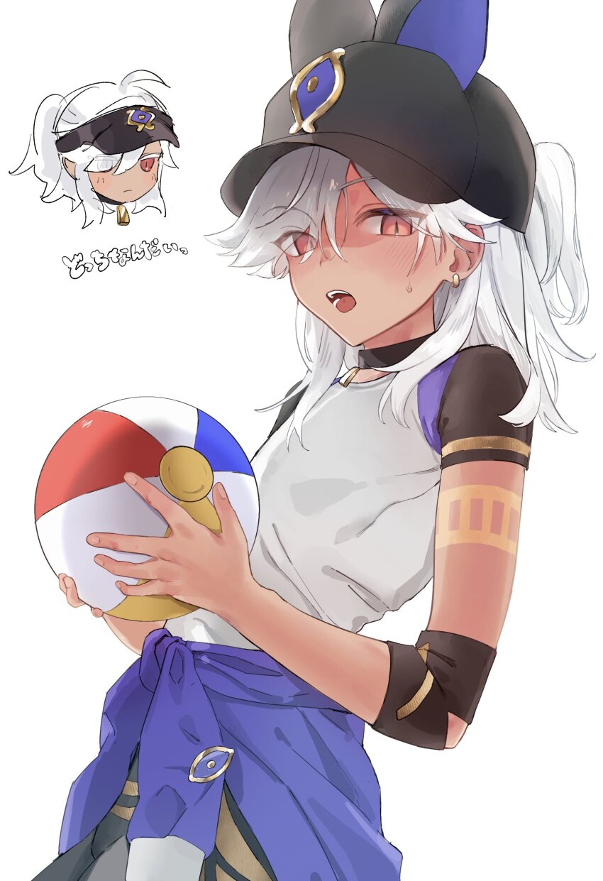 1boy, absurdres, animal_hat, ball, black_headwear, blush, clothes_around_waist, cyno_(genshin_impact)