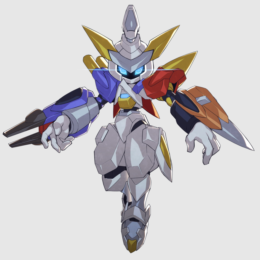 alternate_color, arm_blade, arm_cannon, arm_mounted_weapon, armor, cosplay, cross_messiah, degarashi_(ponkotsu), digimon, full_body, glowing, glowing_eyes, green_eyes, grey_background, heterochromia, highres, humanoid_robot, mecha, medarot, no_humans, omegamon, omegamon_(cosplay), red_eyes, robot, weapon
