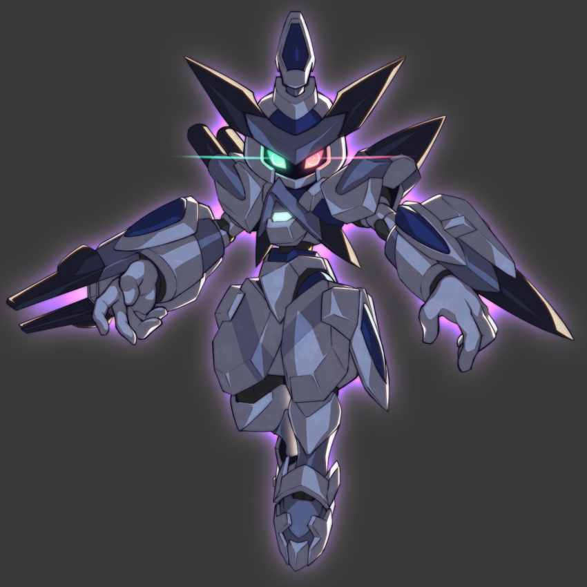 arm_blade, arm_cannon, arm_mounted_weapon, armor, cross_messiah, degarashi_(ponkotsu), full_body, glowing, glowing_eyes, green_eyes, grey_background, heterochromia, highres, humanoid_robot, mecha, medarot, no_humans, red_eyes, robot, weapon