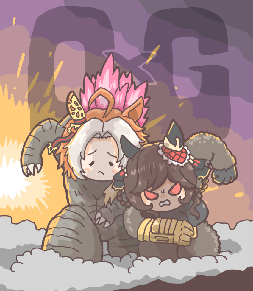 2girls, ahoge, animal_ears, b.e.a.s.t._glove, braid, braided_hair_rings, breasts, brown_hair, commentary, cosplay, crossover, ear_covers, ear_ornament, electroshock_weapon, fighting, furrowed_brow, gauntlets, gentildonna_(umamusume), giant, giant_monster, giantess, godzilla, godzilla_(cosplay), godzilla_(monsterverse), godzilla_(series), godzilla_and_kong_running_(meme), godzilla_evolved, godzilla_evolved_(cosplay), godzilla_x_kong:_the_new_empire, hair_intakes, hair_ornament, hair_rings, heart, heart_hair_ornament, highres, horse_ears, horse_girl, huge_ahoge, kaiju, king_kong, king_kong_(cosplay), king_kong_(series), legendary_pictures, light_brown_hair, meme, monster_girl, monsterverse, multiple_crossover, multiple_girls, orange_hair, orfevre_(old_design)_(umamusume), parody, pikpik0109, red_eyes, single_ear_cover, tackle, toho, umamusume, umamusume_tanuki, v-shaped_eyes, weapon