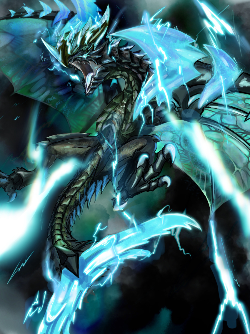 absurdres, astalos, blue_eyes, boltreaver_astalos, claws, cloud, cloudy_sky, digitigrade, dragon, electricity, electrokinesis, flying, from_below, fujikura, glowing, glowing_eyes, glowing_tail, highres, horns, membrane, monster, monster_focus, monster_hunter_(series), monster_hunter_x, open_mouth, scales, sharp_tail, sharp_teeth, sky, spikes, spread_wings, teeth, wyvern
