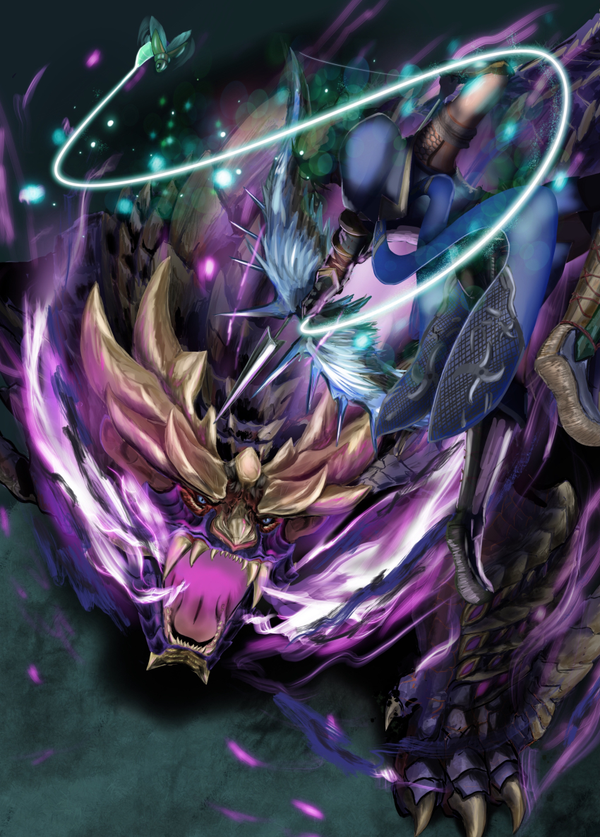 absurdres, ambiguous_gender, arm_guards, armor, arrow_(projectile), battle, bow_(weapon), bug, chin_spike, claws, drawn_bow, fangs, fire, from_above, fujikura, highres, holding, holding_bow_(weapon), holding_weapon, hood, hood_up, horns, japanese_clothes, kamura_(armor), looking_at_another, magnamalo, monster, monster_hunter_(character), monster_hunter_(series), monster_hunter_rise, open_mouth, purple_eyes, purple_fire, purple_scales, scales, scarf, sharp_teeth, teeth, weapon, wirebug