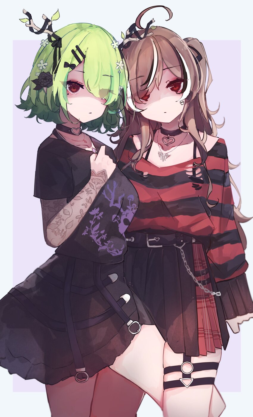 2girls, absurdres, ahoge, antler_ornament, antler_ring, antlers, belt, black_belt, black_choker, black_dress, black_eyeliner, black_hair, black_ribbon, black_shirt, black_skirt, black_sleeves, black_sweater, black_sweater_vest, bra, bra_strap, branch, breasts, brown_eyes, brown_hair, ceres_fauna, ceres_fauna_(goth), chain, choker, collar, colored_inner_hair, detached_sleeves, dress, emo_fashion, expressionless, eyelashes, eyeliner, flower, goth_fashion, gradient_hair, green_hair, hair_flower, hair_ornament, hair_over_one_eye, hairclip, harness, heart, heart_choker, highres, hololive, hololive_english, horns, huge_ahoge, jewelry, lace, lace-trimmed_sleeves, lace_sleeves, lace_trim, large_breasts, long_hair, looking_at_viewer, makeup, mole, mole_under_eye, multicolored_hair, multiple_girls, nanashi_mumei, nanashi_mumei_(emo), necklace, o-ring, o-ring_choker, o-ring_harness, official_alternate_costume, official_alternate_hairstyle, one_side_up, pleated_skirt, red_eyes, red_skirt, red_sweater, ribbon, shaded_face, shirt, shirt_partially_tucked_in, short_hair, short_sleeves, simple_background, skirt, sleeves_past_wrists, streaked_hair, striped_clothes, striped_sweater, sweater, sweater_tucked_in, sweater_vest, torn_clothes, torn_sweater, tree_horns, two-tone_sweater, ty4nak, underwear, virtual_youtuber, wallet_chain, white_background, white_hair