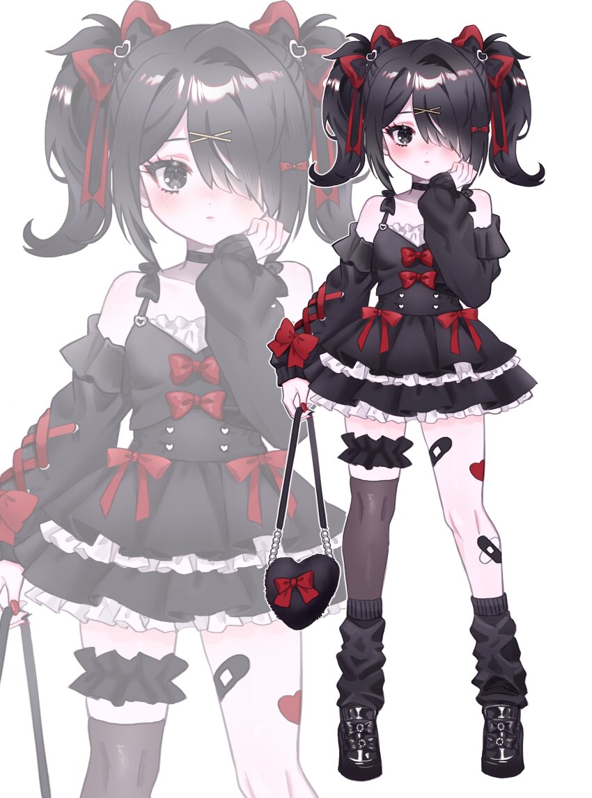 1girl, absurdres, ame-chan_(needy_girl_overdose), bag, bandaid, bandaid_on_leg, black_bow, black_dress