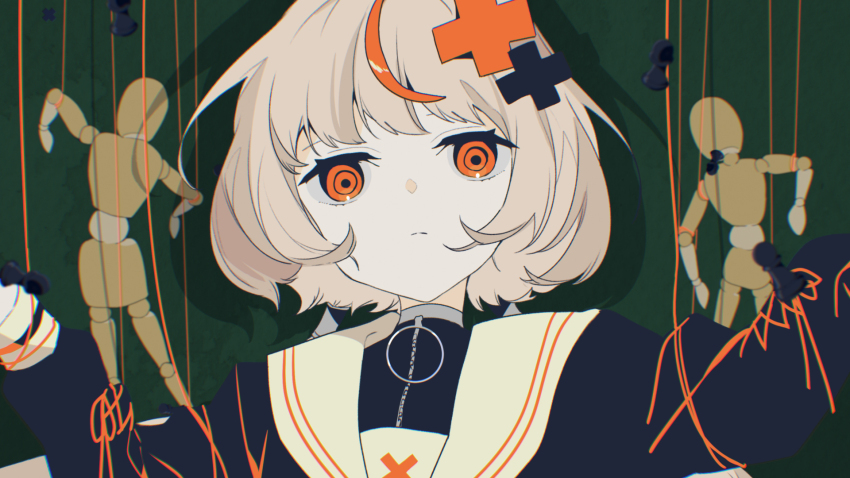 1girl, 2others, black_serafuku, blunt_bangs, blunt_ends, bob_cut, bound, chess_piece