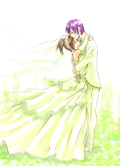 artist_request, bride, brown_hair, dress, closed_eyes, harvest_moon, jamie_(harvest_moon), purple_hair