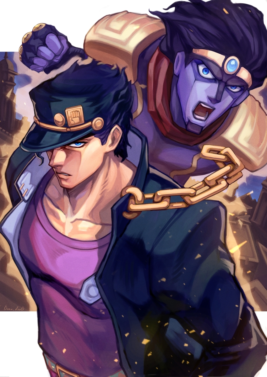 2boys, armor, black_headwear, black_jacket, blue_eyes, chain, collarbone, colored_skin
