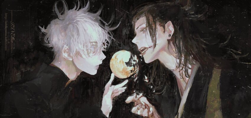 2boys, black_background, black_hair, black_jacket, blue_eyes, close-up, colored_eyelashes, eye_contact