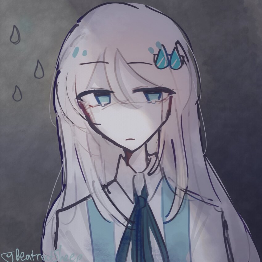 1girl, artist_name, beatrootsheep, blue_eyes, blue_ribbon, blue_shirt, center-flap_bangs, collared_shirt, commentary, double-parted_bangs, eyeliner, frown, grey_background, hair_between_eyes, hair_ornament, highres, kakurenbocchi, long_hair, looking_at_viewer, makeup, neck_ribbon, no_nose, ribbon, shirt, signature, solo, tearing_up, tuyu_(band), two-tone_shirt, water_drop, water_drop_hair_ornament, white_hair, white_shirt