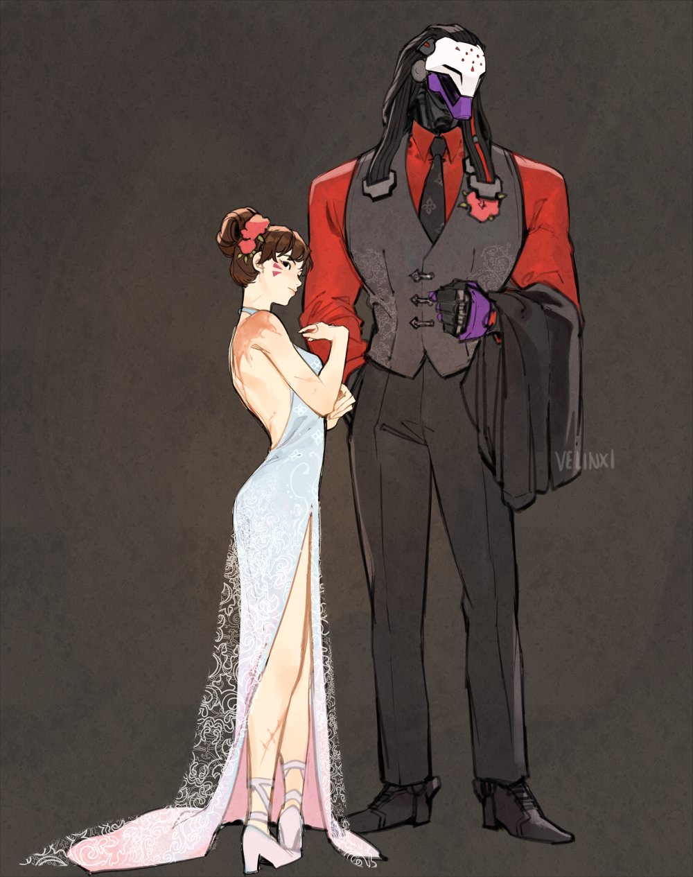 1boy, 1girl, backless_dress, backless_outfit, bare_legs, black_background, black_eyes, black_necktie, black_vest, brown_hair, burn_scar, collared_shirt, d.va_(overwatch), dress, dress_shirt, facial_mark, flower, formal_clothes, full_body, hair_bun, hair_flower, hair_ornament, high_heels, highres, humanoid_robot, jacket_on_arm, long_dress, necktie, overwatch, pale_skin, ramattra_(overwatch), red_shirt, robot, scar, scar_on_back, shirt, side_slit, simple_background, standing, velinxi, vest, waistcoat, whisker_markings, white_dress, white_footwear