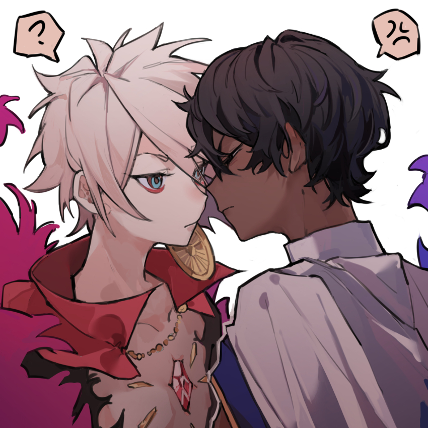 2boys, ?, anger_vein, arjuna_(fate), black_eyes, black_hair, blue_eyes, blush, brothers, dark-skinned_male, dark_skin, ear_blush, earrings, eyeliner, facing_another, fate/grand_order, fate_(series), from_side, highres, jewelry, karna_(fate), looking_at_another, makeup, male_focus, multiple_boys, narrowed_eyes, outline, profile, red_eyeliner, short_hair, siblings, speech_bubble, spoken_anger_vein, spoken_question_mark, upper_body, very_dark_skin, white_background, yeguangmusi