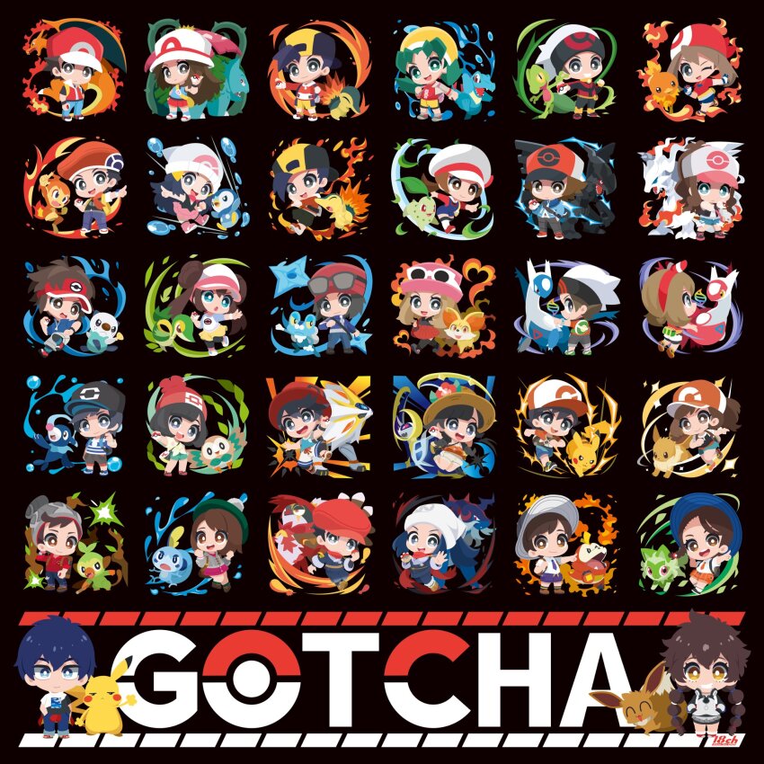 18ch, 6+boys, 6+girls, akari_(pokemon), aqua_hair, artist_name, backwards_hat, bandana, baseball_cap, beanie, bird, black-framed_eyewear, black_background, black_hair, blue_eyes, blue_hair, brendan_(pokemon), bright_pupils, brown_eyes, brown_fur, brown_hair, calem_(pokemon), cat, charizard, chase_(pokemon), chibi, chikorita, chimchar, colored_skin, commentary, copyright_name, crocodilian, cyndaquil, dawn_(pokemon), eevee, elaine_(pokemon), elio_(pokemon), ethan_(pokemon), eyewear_on_headwear, fangs, fennekin, fire, florian_(pokemon), fox, froakie, frog, fuecoco, gen_1_pokemon, gen_2_pokemon, gen_3_pokemon, gen_4_pokemon, gen_5_pokemon, gen_6_pokemon, gen_7_pokemon, gen_8_pokemon, gloria_(pokemon), gotcha!, gotcha!_boy_(pokemon), gotcha!_girl_(pokemon), green_fur, green_headwear, grey_headwear, grookey, hat, highres, hilbert_(pokemon), hilda_(pokemon), hisuian_decidueye, hisuian_poke_ball, hisuian_samurott, holding, holding_poke_ball, holding_stick, juliana_(pokemon), kris_(pokemon), latias, latios, leaf, leaf_(pokemon), legendary_pokemon, long_hair, looking_at_viewer, low_twintails, lucas_(pokemon), lunala, lyra_(pokemon), may_(pokemon), monkey, multiple_boys, multiple_girls, naranja_academy_school_uniform, nate_(pokemon), nintendo, one_eye_closed, open_mouth, oshawott, owl, penguin, pikachu, piplup, poke_ball, poke_ball_(basic), poke_ball_print, pokemon, pokemon_(creature), pokemon_black_and_white, pokemon_black_2_and_white_2, pokemon_firered_and_leafgreen, pokemon_gold/silver/crystal, pokemon_heartgold_and_soulsilver, pokemon_legends:_arceus, pokemon:_let's_go_pikachu!_and_let's_go_eevee!, pokemon_omega_ruby_and_alpha_sapphire, pokemon_ruby/sapphire/emerald, pokemon_sun_and_moon, pokemon_scarlet_and_violet, pokemon_sword_and_shield, pokemon_ultra_sun_and_ultra_moon, pokemon_x_and_y, ponytail, popplio, print_headwear, red_(pokemon), red_bandana, red_eyes, red_headwear, rei_(pokemon), reshiram, rosa_(pokemon), rowlet, school_uniform, sea_lion, selene_(pokemon), serena_(pokemon), short_hair, snivy, sobble, solgaleo, sprigatito, stick, sun_hat, sunglasses, tail, torchic, totodile, treecko, twintails, uva_academy_school_uniform, venusaur, victor_(pokemon), visor_cap, water, white-framed_eyewear, white_headwear, white_pupils, yellow_skin, zekrom