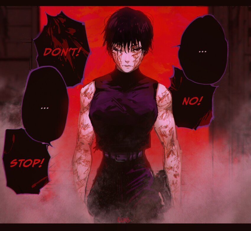 ..., 1girl, bare_arms, belt, biceps, black_hair, black_pants, black_shirt, blood, blood_on_arm, blood_on_face, cowboy_shot, eliasdessin, english_text, highres, jujutsu_kaisen, looking_at_viewer, muscular, muscular_female, one_eye_closed, pants, red_eyes, scar, scar_across_eye, scar_on_face, scars_all_over, shirt, short_hair, sleeveless, sleeveless_shirt, solo, spoken_ellipsis, tank_top, too_many, zen'in_maki, zen'in_maki_(post_shibuya)