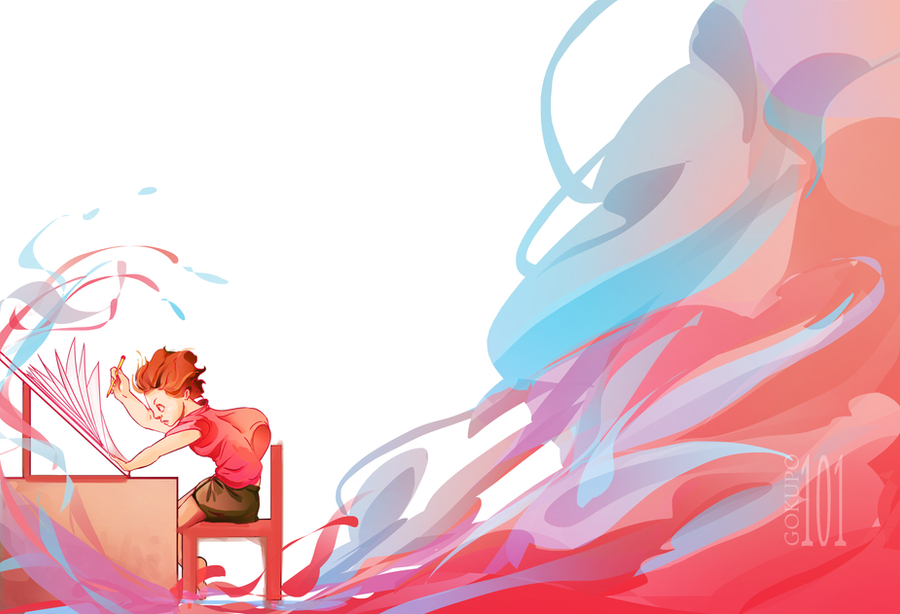 chair, commentary, english_commentary, floating_hair, gokupo101, holding, holding_pen, looking_at_object