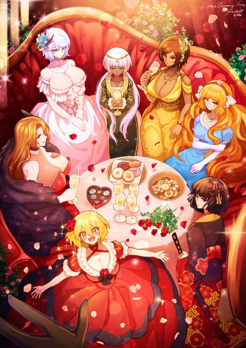 6+girls, absurdres, breasts, charon_(project_moon), cleavage, closed_mouth, don_quixote_(project_moon), donut