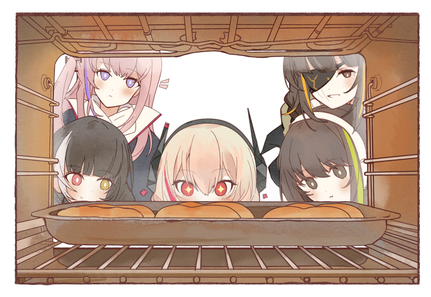 5girls, absurdres, black_hair, blonde_hair, brown_eyes, brown_hair, donut, food, girls'_frontline, headset, heituitui, highres, looking_at_object, m16a1_(girls'_frontline), m4_sopmod_ii_(girls'_frontline), m4a1_(girls'_frontline), multicolored_eyes, multicolored_hair, multiple_girls, oven, pink_hair, purple_eyes, red_eyes, ro635_(girls'_frontline), st_ar-15_(girls'_frontline)