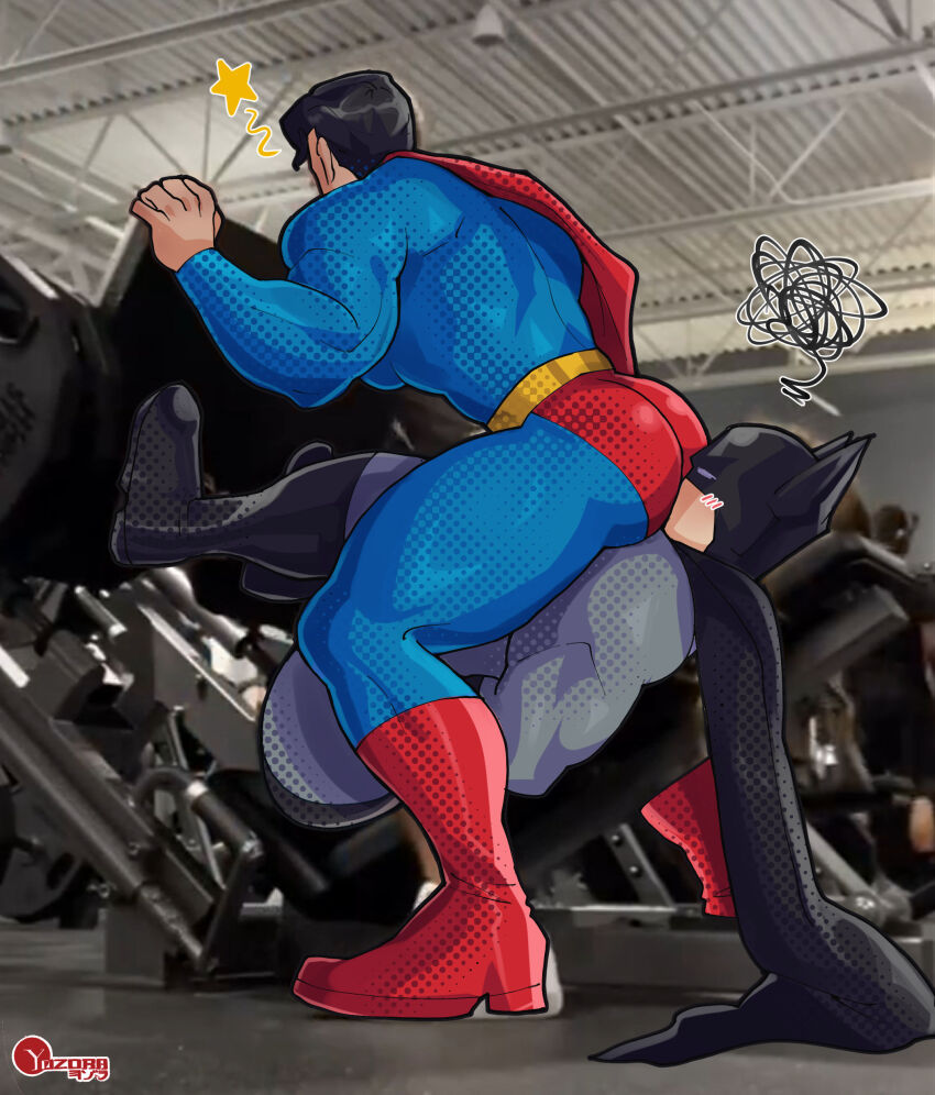 2boys, absurdres, aliveyozora, artist_logo, artist_name, ass, ass-to-mouth, bara, batman, biceps, black_hair, blush, cape, dc_comics, fitness_gym, formal_clothes, highres, huge_ass, leg_press_machine, logo, male_focus, manly, mask, mature_male, meme, multiple_boys, muscular, muscular_arms, muscular_legs, muscular_male, signature, suit, superman, thighs, tight_clothes, yaoi