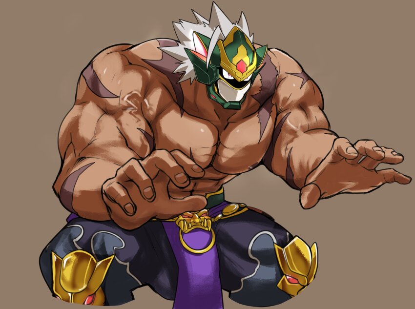 96_gatefield, abs, ame-no-tadikarao_(n-innocence), belt, biceps, brown_background, feet_out_of_frame, fighting_stance