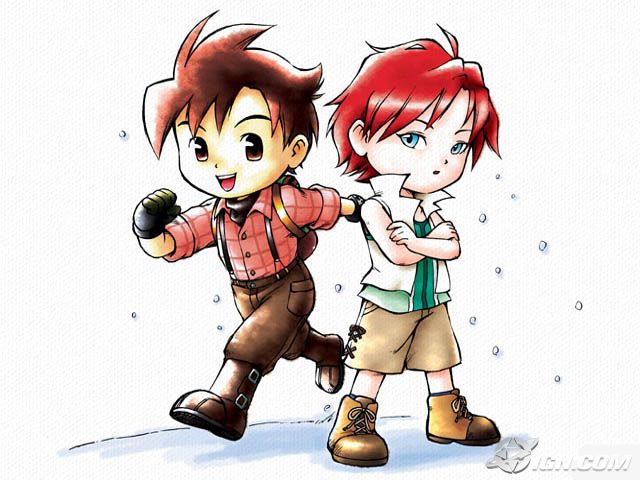 blue_eyes, brown_eyes, brown_hair, couple, harvest_moon, jack_(harvest_moon), nami_(bokujou_monogatari), official_art