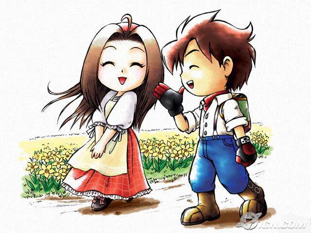 ahoge, brown_hair, closed_eyes, couple, flower, harvest_moon, jack_(harvest_moon), official_art, sepiria_(bokujou_monogatari), spring_(season)