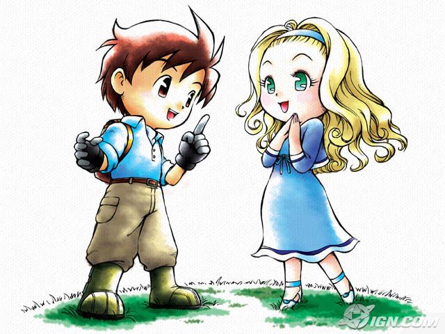 blonde_hair, brown_eyes, brown_hair, couple, cropped_jacket, forehead, green_eyes, harvest_moon