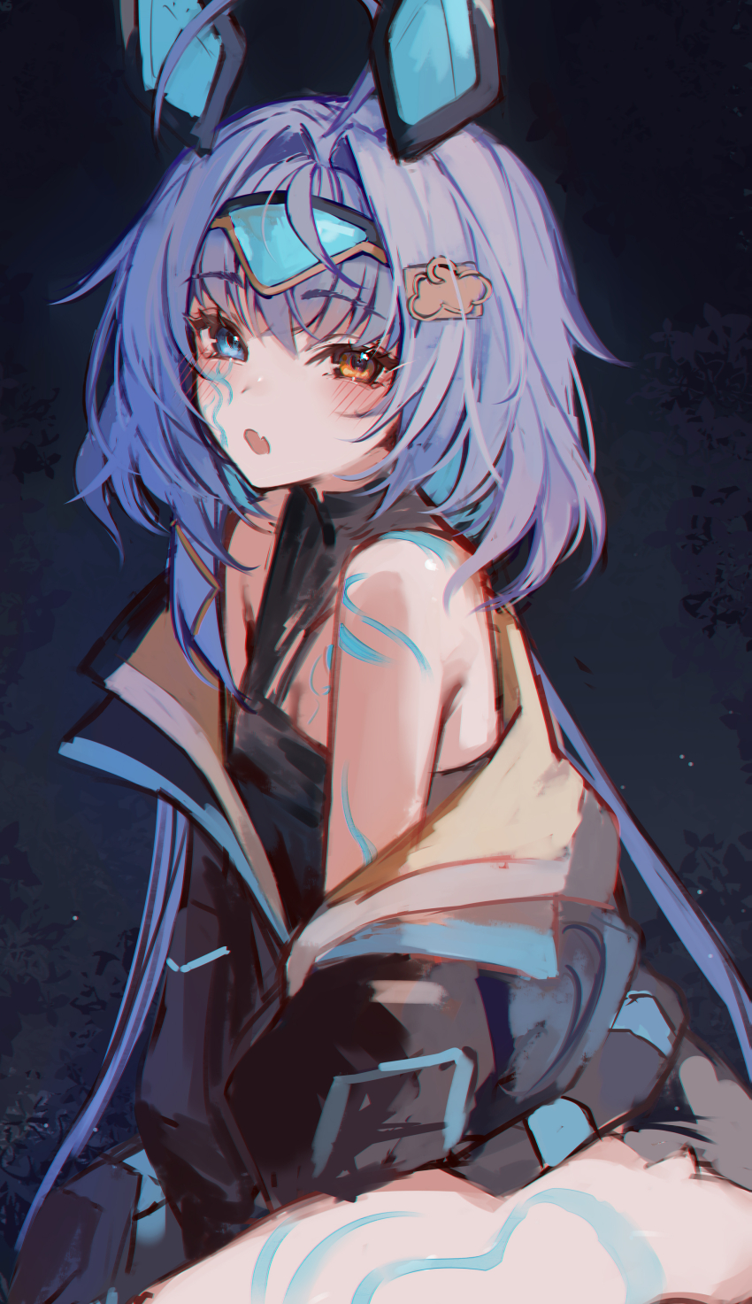 1girl, absurdres, ahoge, animal_ears, blue_hair, blush, breasts, heterochromia