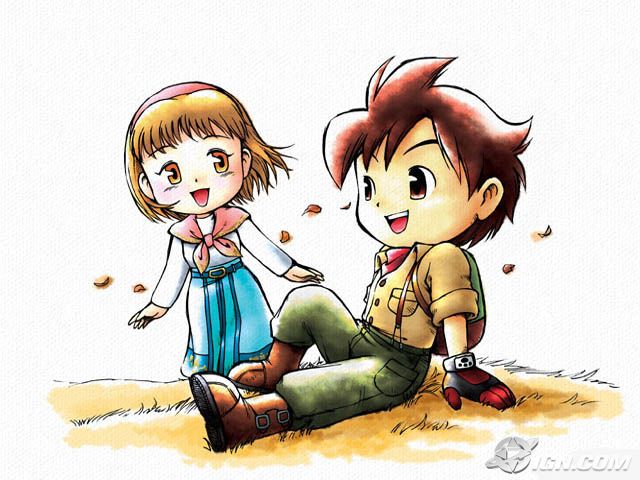 autumn, bob_cut, brown_eyes, brown_hair, couple, harvest_moon, headband, jack_(harvest_moon)