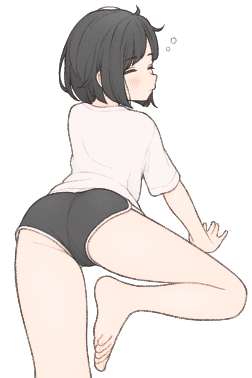 1girl, 1ssakawaguchi, absurdres, arm_support, ass, barefoot, black_hair, black_shorts