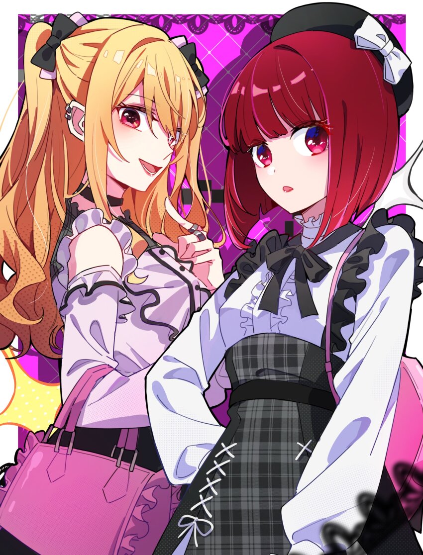 2girls, absurdres, arima_kana, bag, belt, beret, black_belt, black_bow