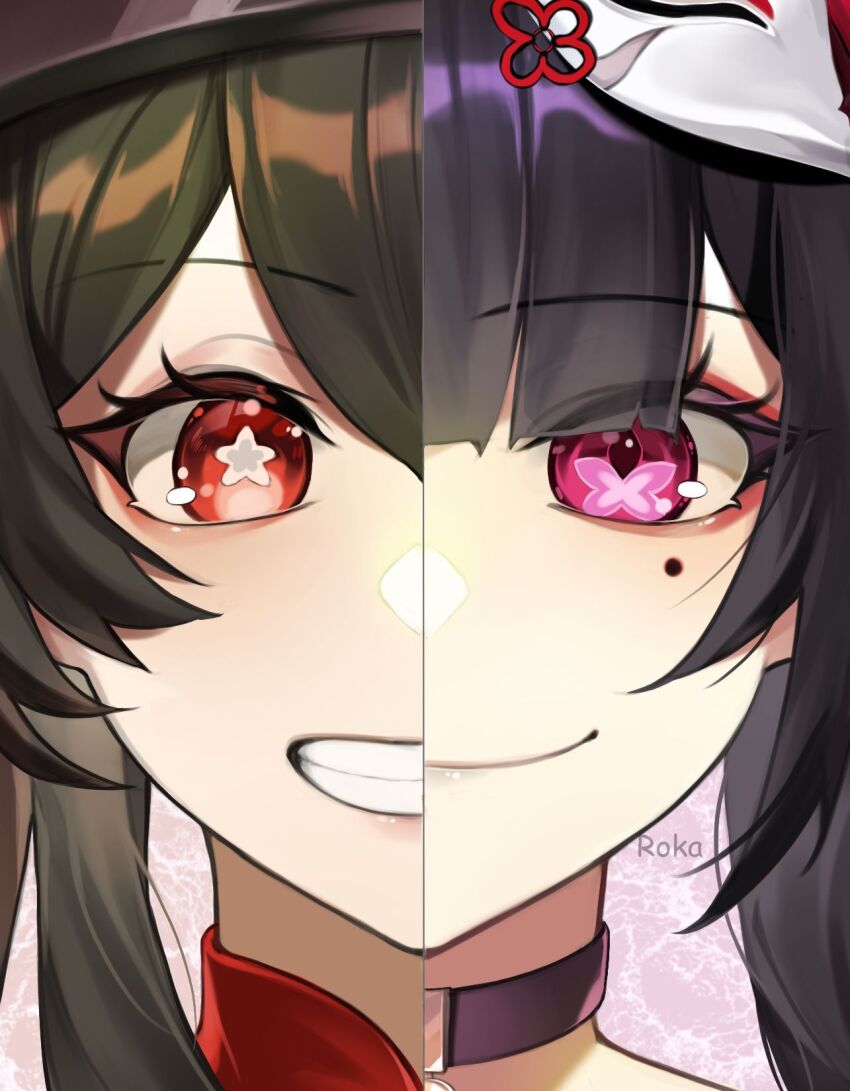 2girls, :d, black_choker, blush, brown_hair, choker, close-up, closed_mouth, flower_in_eye, fox_mask, genshin_impact, grin, hair_between_eyes, highres, honkai:_star_rail, honkai_(series), hu_tao_(genshin_impact), long_hair, mask, mask_on_head, mole, mole_under_eye, multiple_girls, open_mouth, pink_eyes, portrait, red_eyes, sidelocks, smile, sparkle_(honkai:_star_rail), split_theme, star-shaped_pupils, star_(symbol), straight-on, symbol-shaped_pupils, symbol_in_eye, teeth, zenata_roka