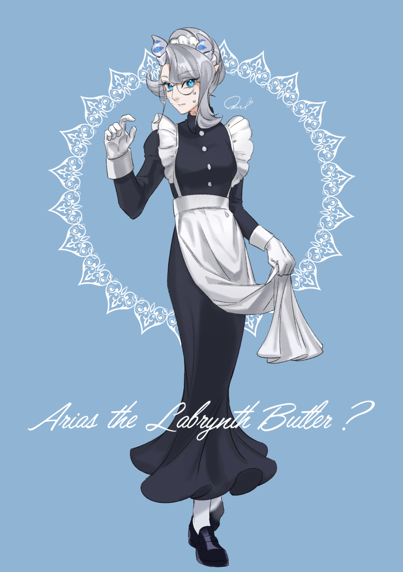 1girl, alternate_costume, apron, arias_the_labrynth_butler, blue_background, blue_eyes, character_name, demon_horns