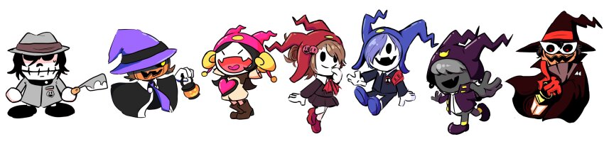 absurdres, amamiya_ren, amamiya_ren_(cosplay), amano_maya, amano_maya_(cosplay), arms_up, black_frost, black_hair, blue_hair, blue_headwear, boots, brown_footwear, brown_hair, colored_skin, commentary, cosplay, demon_(megami_tensei), english_commentary, fangs, gekkoukan_high_school_uniform, gloves, glowing, glowing_eyes, grey_hair, grey_headwear, hat, highres, holding, holding_knife, holding_lantern, jack_frost_(megami_tensei), jack_ripper_(megami_tensei), knife, lantern, long_image, mask, narukami_yu, narukami_yu_(cosplay), open_mouth, outstretched_arms, persona, persona_1, persona_2, persona_3, persona_3_portable, persona_4, persona_5, purple_headwear, pyro_jack, red_eyes, red_gloves, red_headwear, school_uniform, shiomi_kotone, shiomi_kotone_(cosplay), simple_background, skin_fangs, skull, smile, solid_oval_eyes, starlinkman, suou_tatsuya, suou_tatsuya_(cosplay), toudou_naoya, toudou_naoya_(cosplay), walking, wavy_mouth, white_background, white_skin, wide_image, witch_hat, yuuki_makoto_(persona_3), yuuki_makoto_(persona_3)_(cosplay)