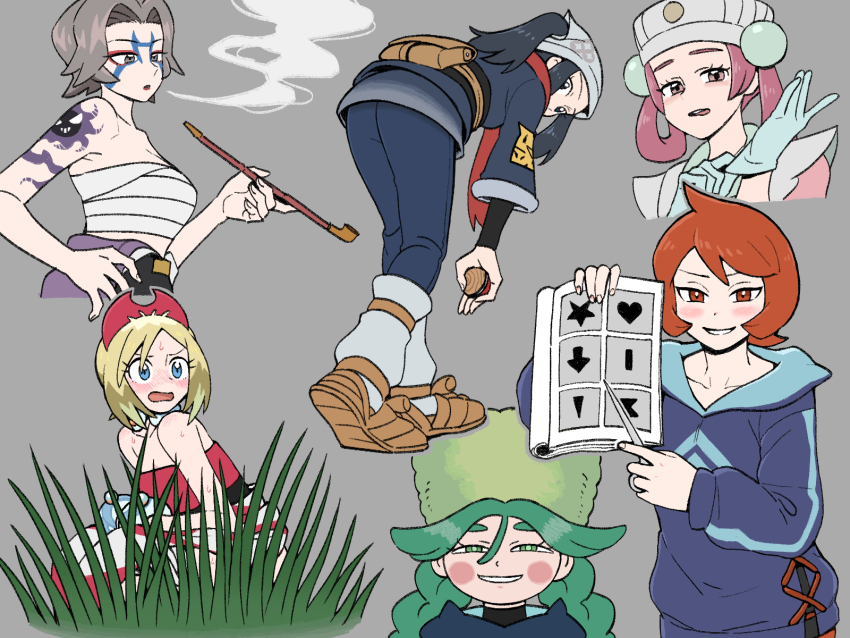 6+girls, adjusting_clothes, adjusting_gloves, akari_(pokemon), anya's_heh_face_(meme), arezu_(pokemon), asymmetrical_hair, bent_over, black_hair, blonde_hair, blue_eyes, blush, blush_stickers, bracelet, braid, bright_pupils, brown_footwear, character_tattoo, charm_(pokemon), commentary_request, cowlick, facepaint, fur_hat, gastly, gen_1_pokemon, gloves, grass, green_eyes, green_hair, green_headwear, grey_background, grin, hairband, hat, headscarf, highres, hisuian_poke_ball, holding, holding_poke_ball, irida_(pokemon), jacket, jewelry, long_hair, meme, multiple_girls, nintendo, nutkingcall, open_mouth, pantyhose, pesselle_(pokemon), pointer, pointing, poke_ball, pokemon, pokemon_legends:_arceus, ponytail, red_hairband, red_scarf, sabi_(pokemon), scarf, shirt, shoes, sidelocks, skirt, smile, smoking, strapless, strapless_shirt, sweat, tattoo, teeth, tongue, tongue_out, twin_braids, white_headscarf