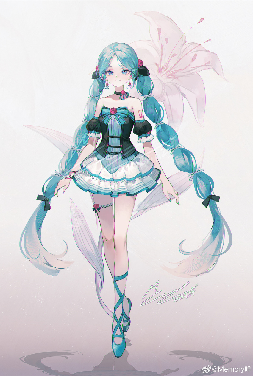1girl, 2024, absurdres, alternate_hairstyle, aqua_dress, aqua_eyes, aqua_hair, aqua_nails, aqua_ribbon, arms_at_sides, ballet_slippers, bare_legs, bare_shoulders, beads, black_choker, bow, bowtie, braid, chinese_commentary, choker, closed_mouth, commentary_request, dated, detached_sleeves, dress, earrings, floating_earrings, floral_background, flower, flower_earrings, frilled_dress, frilled_sleeves, frills, full_body, hair_flower, hair_ornament, hatsune_miku, highres, jewelry, leg_ribbon, long_hair, looking_at_viewer, memory_mie, multicolored_hair, parted_bangs, pink_flower, plantar_flexion, puffy_sleeves, red_flower, red_rose, ribbon, rose, shadow, short_sleeves, signature, solo, standing, streaked_hair, thigh_strap, tiptoes, twin_braids, twintails, vocaloid, watermark, weibo_watermark, white_background
