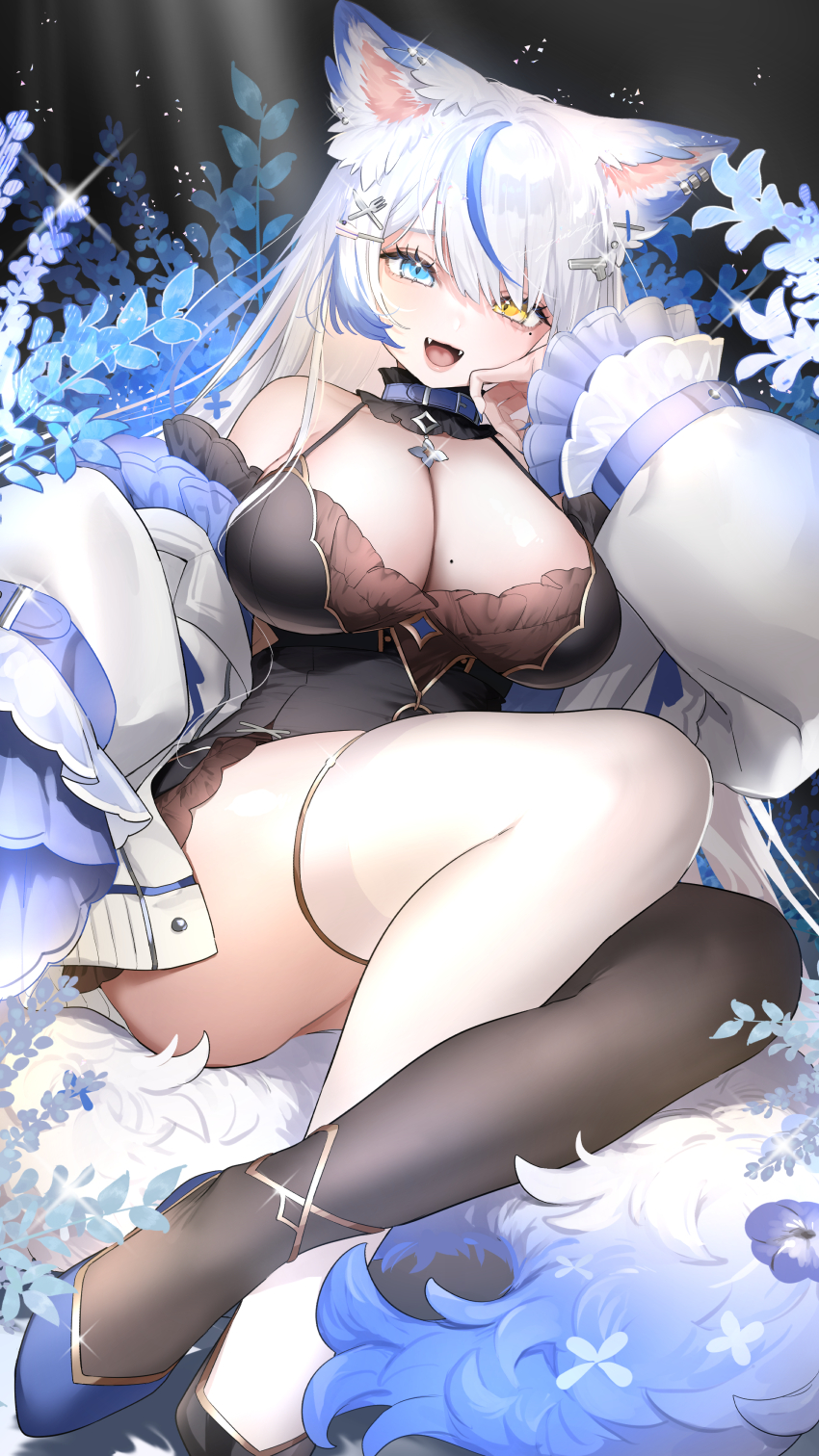 1girl, animal_ears, black_corset, black_footwear, black_thighhighs, blue_choker, blue_eyes, blue_footwear