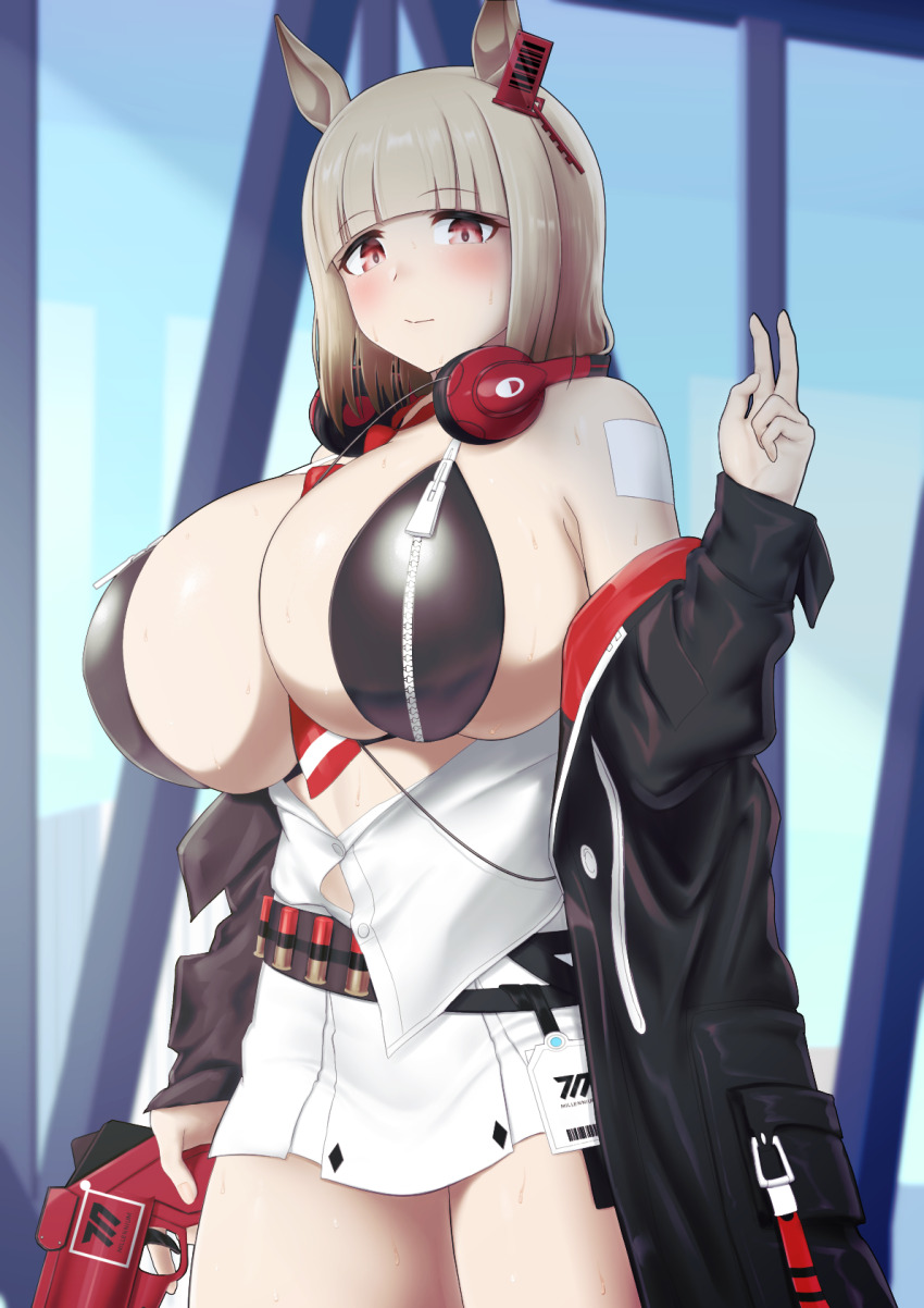 1girl, alternate_breast_size, alternate_costume, ammunition, animal_ears, bandolier, bare_shoulders, belt